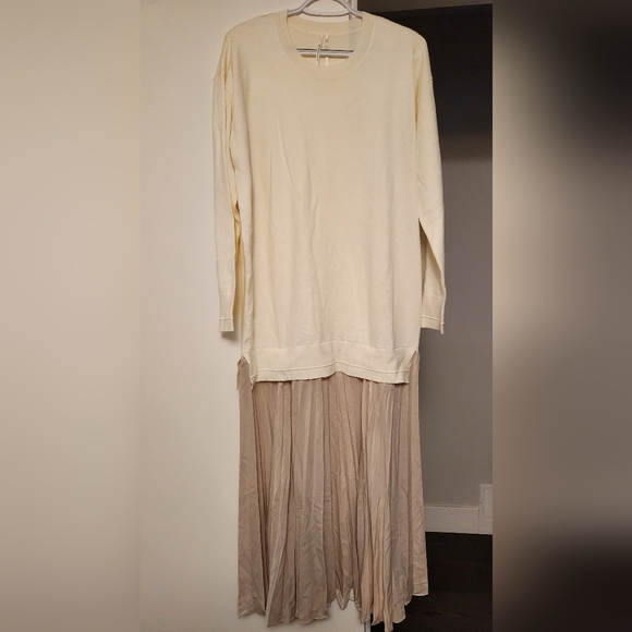 Anthropologie Pleated Twofer Sweater Midi Dress, Cream/Champagne, Size US M - Picture 1 of 11